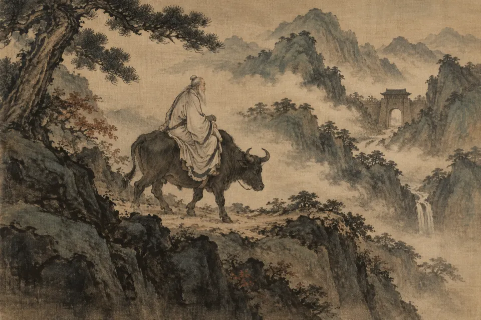 Laozi as a Song-dynasty ink painting, a white-bearded old man riding an ox through misty mountains toward a pass, loose robe, brush-wash mountains