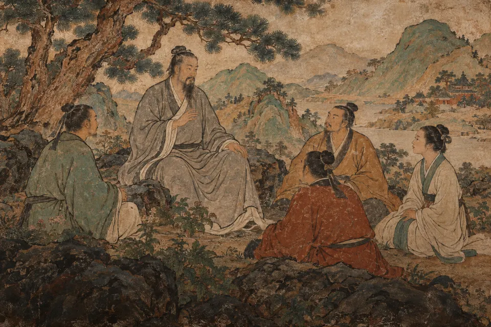 Wang Chongyang as a Yuan-dynasty Daoist temple mural, a hermit in a plain robe teaching a small circle of disciples including a woman, Shandong hills, pine trees, mineral pigments
