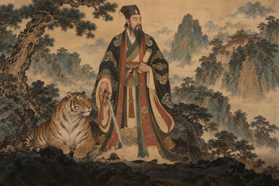 Illustration · AI-generated Zhang Daoling, first Celestial Master, as a Ming-dynasty Daoist temple scroll in a priest's crown and robe holding a sword and a scroll of registers, a tiger at his side