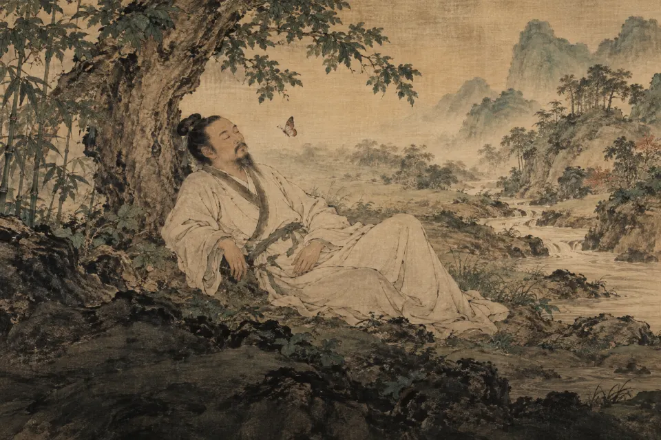 Zhuang Zhou as a Ming ink-and-colour hanging scroll, a scholar in a loose robe dozing under a tree beside a stream, a butterfly drifting past, free-wandering mood