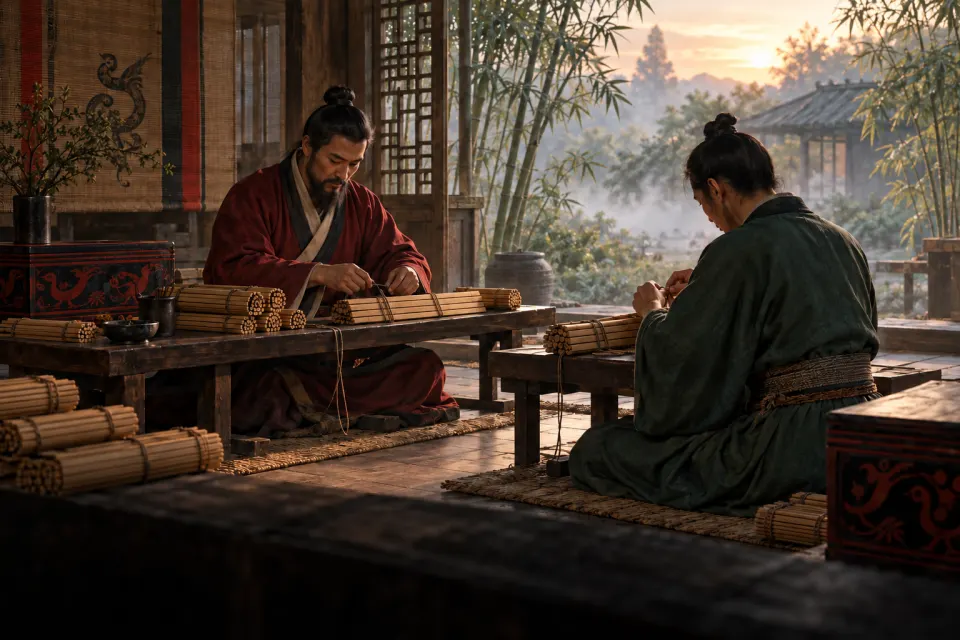 Chu scholars of the 4th century BCE binding bamboo slips with cord in a plain study, bundles of slips stacked around them, a Guodian-style lacquer box, misty dawn through the window