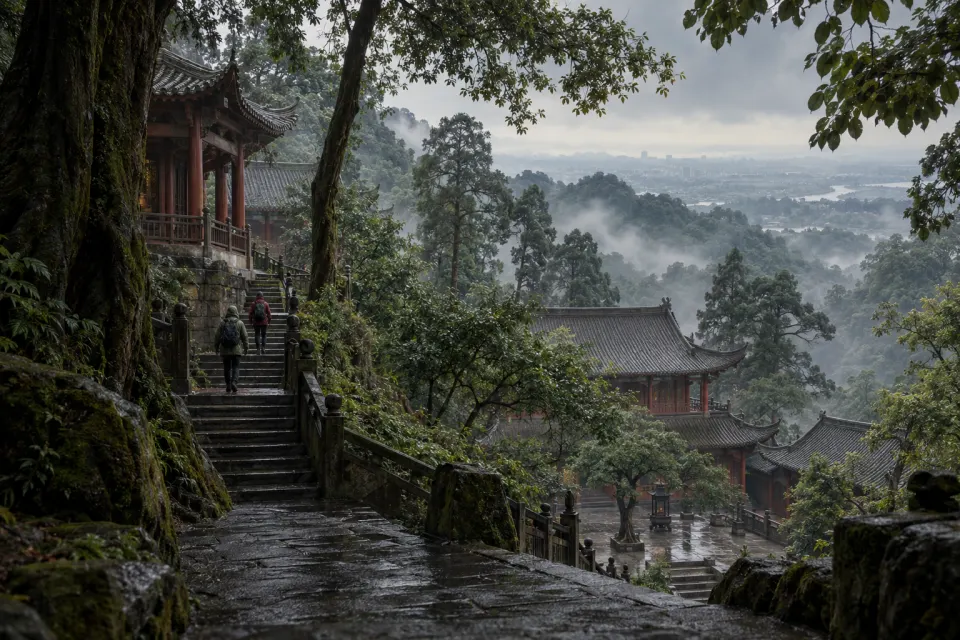Mount Qingcheng above the Chengdu plain, the wooden halls of the Changdao temple among green cypress and rain mist, stone steps and a quiet visitor or two