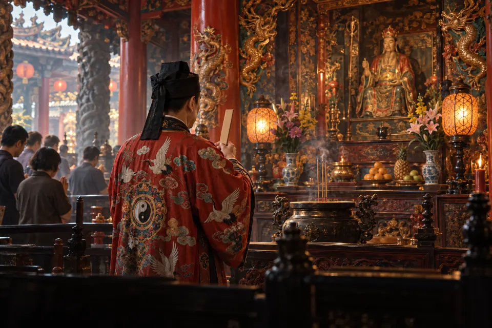 A Zhengyi Daoist priest in an embroidered robe and black headcloth holding a ritual tablet before the altar at Baoan Temple in Taipei, incense smoke, lamplight, a few worshippers behind