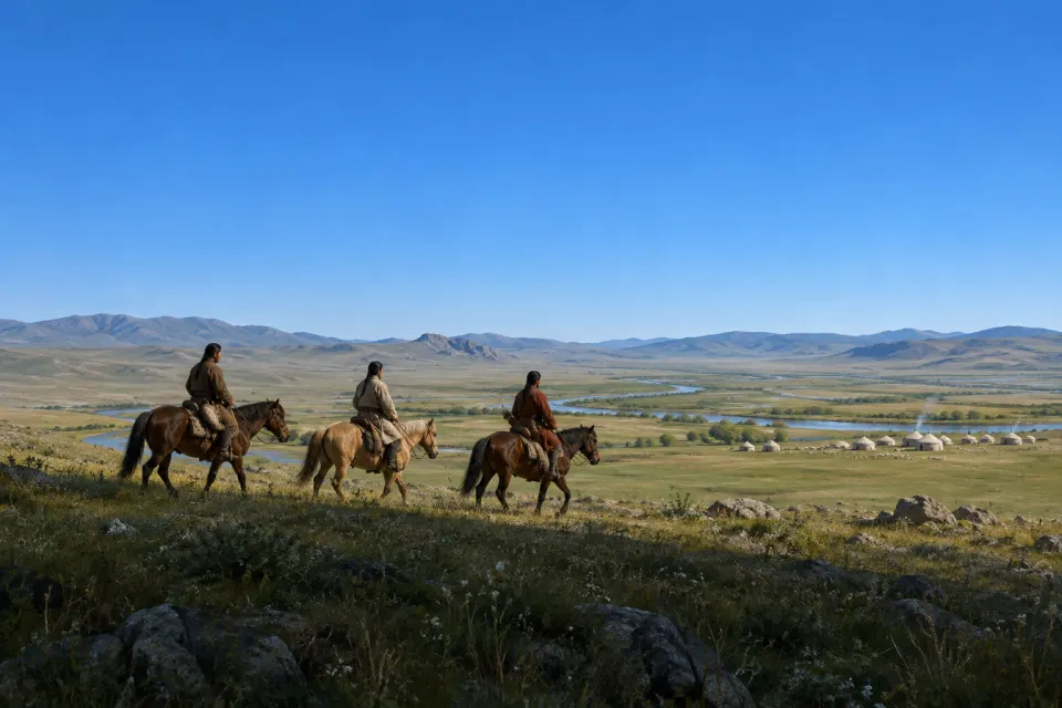 Kok Turk horsemen in belted caftans and braided hair riding across the grassland of the Orkhon valley, felt tents in the distance, a vast cloudless blue sky filling most of the frame, hard noon sun