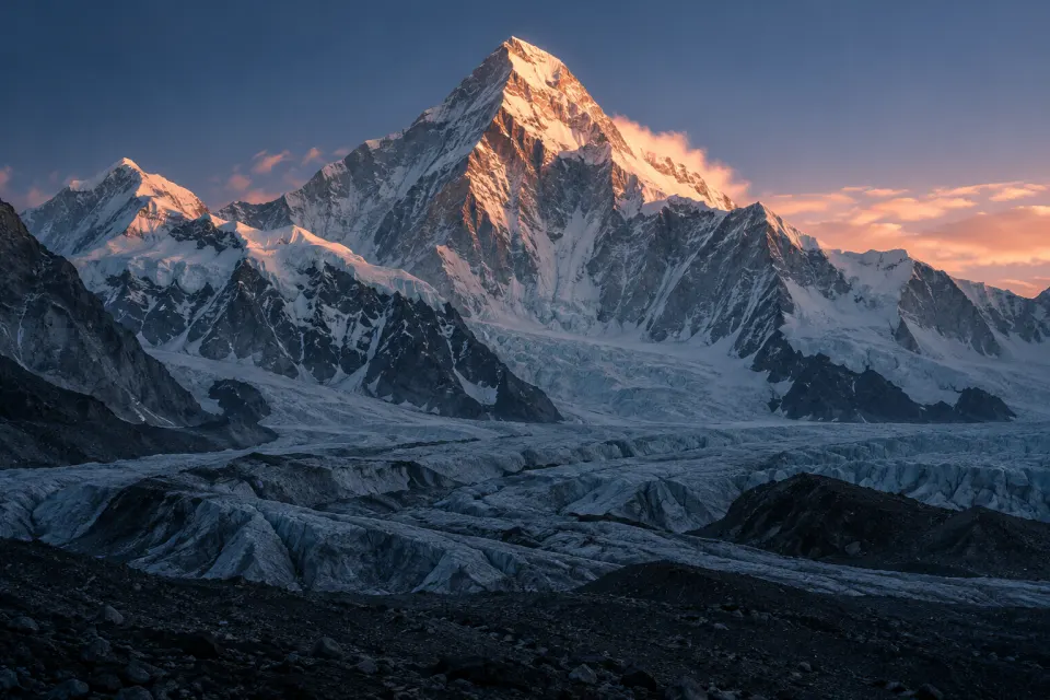 Khan Tengri, a marble pyramid of a peak in the Tian Shan, snow and glacier below, deep blue sky, cold blue dawn with first light on the summit