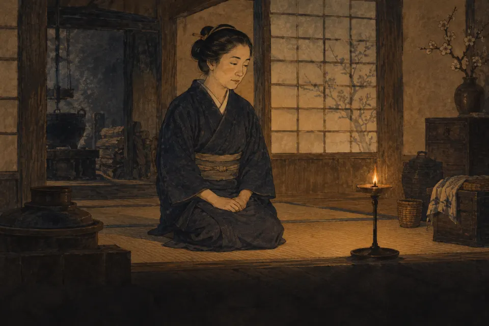 Nakayama Miki as a kneeling farm woman in a plain kimono beside a lamp in an Edo-period farmhouse at Shoyashiki village in Yamato, 1838, shoji screens, deep shadow and a single flame