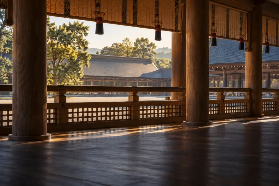The Main Sanctuary of Tenrikyo at Tenri City, Nara, long cedar corridor halls around the hexagonal tiered wooden Kanrodai at the centre, calm and bright morning light