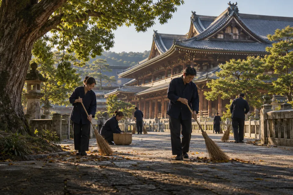 Tenrikyo followers in plain dark jackets sweeping the streets around the Main Sanctuary in Tenri City, Nara, as hinokishin, dark-tiled halls, bright clean morning light