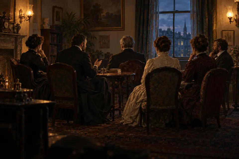 A gaslit New York apartment parlour in 1875, a small circle of men and women in Victorian dress around a table, seen from behind, books and a lamp, evening