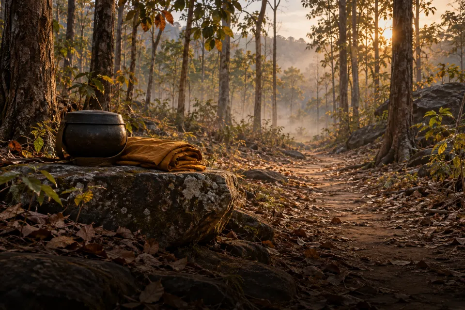 A quiet dry forest in northeast Thailand, a worn earth path between tall trees, an alms bowl and folded robe on a flat rock, no figure, early morning mist; no likeness