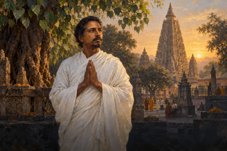 Anagārika Dharmapāla, a celibate lay reformer in a plain white robe with joined hands, as an early 20th-century Sri Lankan oil portrait, before the Mahābodhi temple at Bodh Gayā