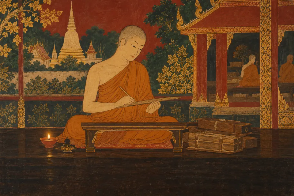 Illustration · AI-generated Buddhaghosa, a scholar-monk at the Mahāvihāra, writing Pāli on palm leaves beside Sinhala commentaries, as a Thai samut khoi folding-book painting, lamp-lit