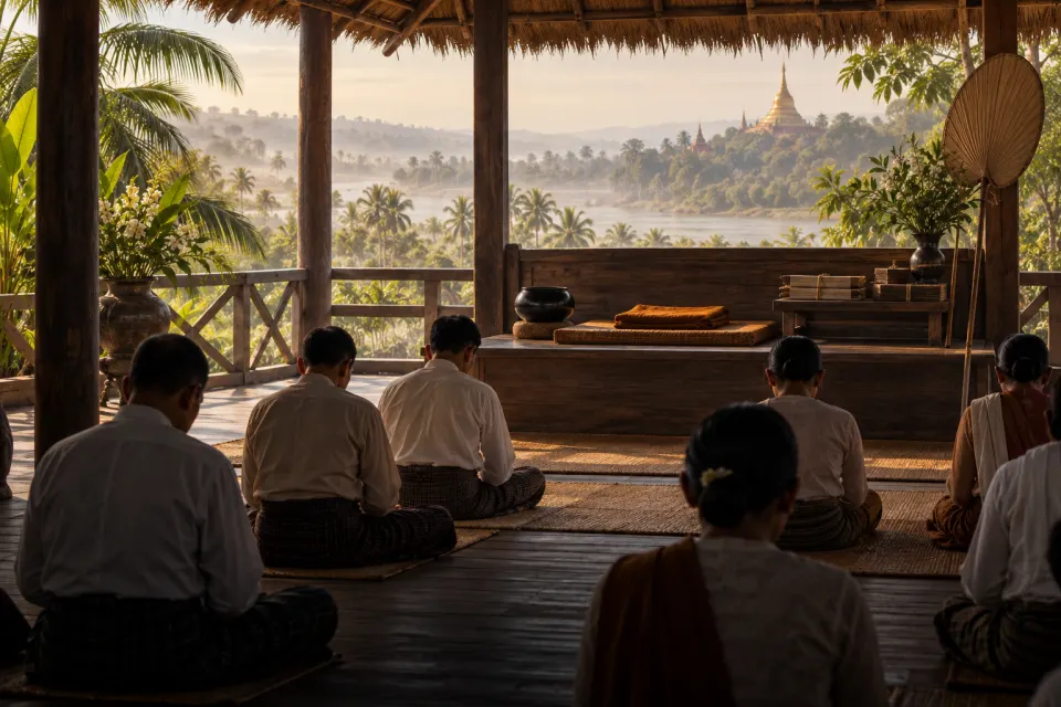 Illustration · AI-generated Ledi Sayadaw, a Burmese scholar-monk, teaching lay people to meditate in a thatched pavilion, as a Burmese parabaik folding-book painting, early 1900s, warm light