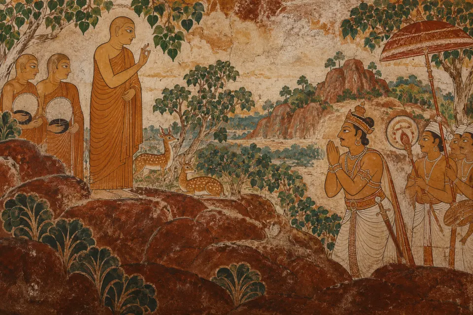 Illustration · AI-generated Mahinda, a monk, meeting King Devānampiya Tissa on the rocky hill of Mihintale, as a Kandyan temple mural of Sri Lanka in red ochre and white, pale dawn