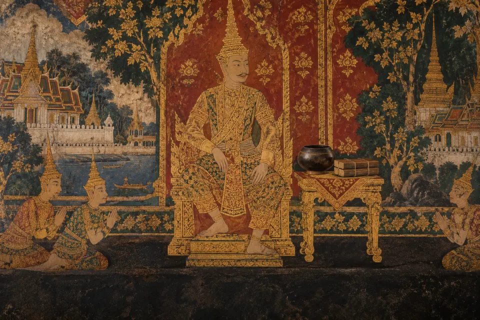 Illustration · AI-generated King Mongkut (Rama IV) in gilded royal dress and crown seated on a throne, a monk's alms bowl and Pāli palm-leaf books beside him, as a Rattanakosin Thai temple mural