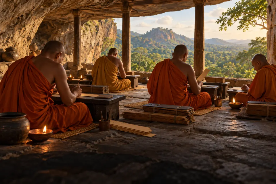 Monks seated in a pillared hall of the Mahāvihāra at Anurādhapura writing the canon onto palm leaves with styluses, 1st century BCE, oil lamplight on stone