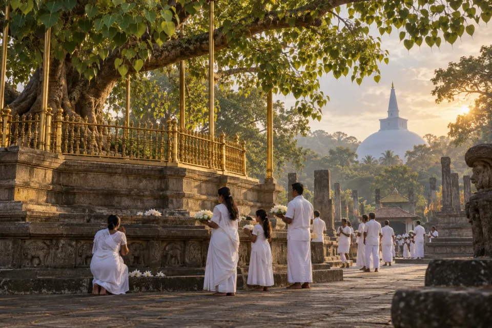 The Sri Mahā Bodhi fig tree on its railed terrace at Anurādhapura, white-clad pilgrims offering flowers, the ruins and domed dagobas of the Mahāvihāra beyond, hazy morning