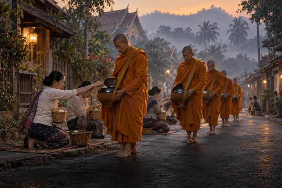 Saffron-robed monks with alms bowls walking barefoot down a street in Luang Prabang, Laos, householders kneeling to fill the bowls with rice, early morning mist, present day