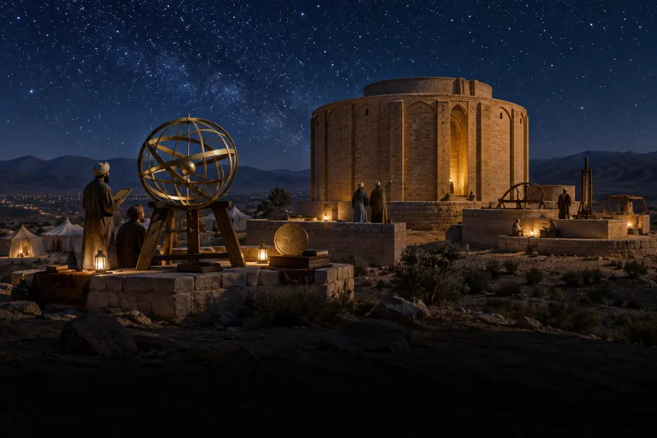 The circular Maragheh Observatory on its hill in 1259: brass astrolabes and armillary spheres on the terrace, scholars in robes small among them, felt tents beyond, starry night