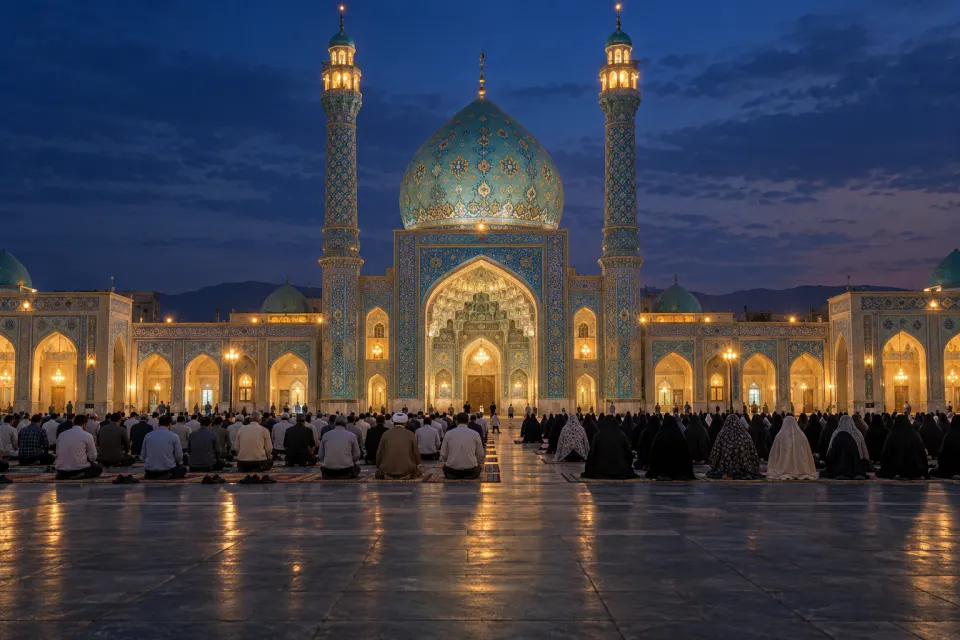Jamkaran Mosque near Qom: its turquoise dome and floodlit courtyard filled with pilgrims in prayer on a Tuesday evening, present-day dress, calm blue-hour sky