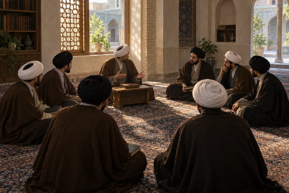 Young seminarians in brown robes and white and black turbans seated in a circle on carpets in a classroom of the Fayziyya Madrasa, Qom, a teacher with a book on a low stand, morning light