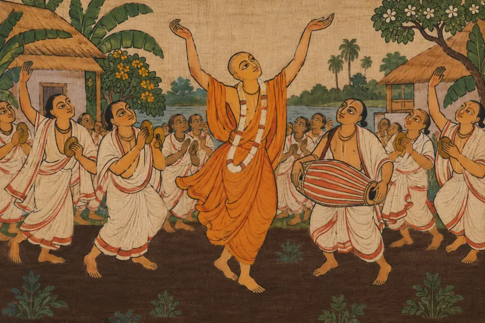 Caitanya dancing in ecstatic public chanting among devotees clapping and beating cymbals, as a 19th-century Bengal scroll painting, white and saffron cloth