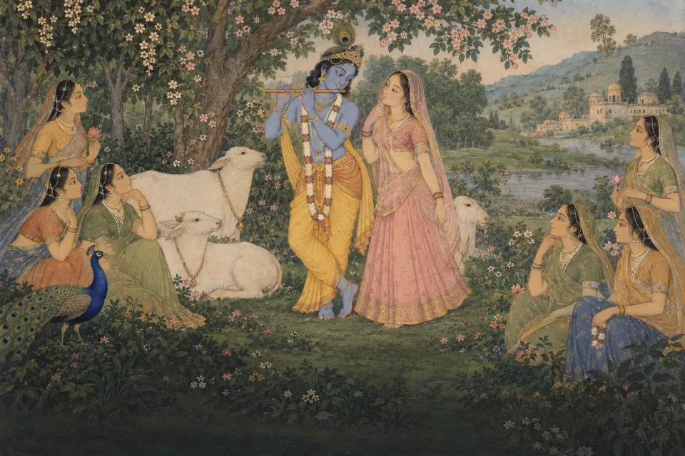 Illustration · AI-generated Kṛṣṇa, blue-skinned, playing his flute among cows with Rādhā and the gopīs in a Vrindavan grove, as a Kangra Pahari miniature in soft greens and pinks
