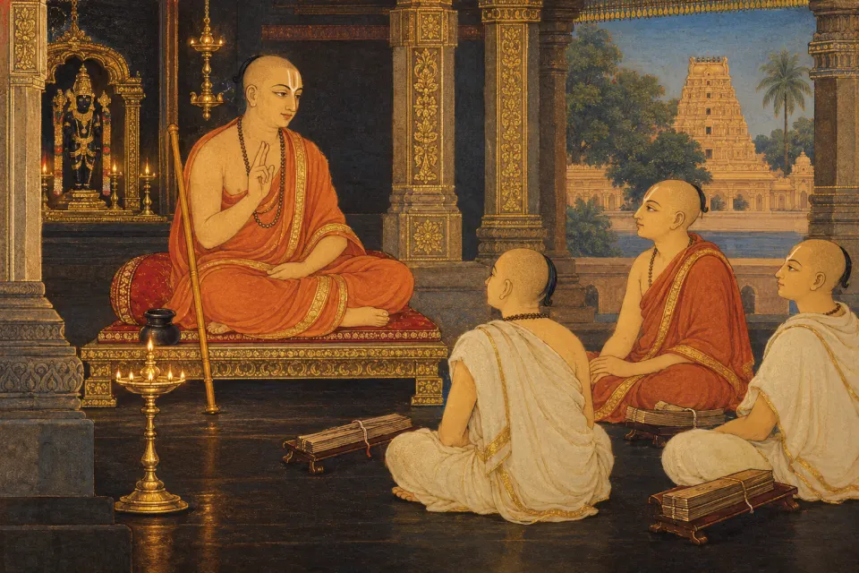 Madhva, a saffron-robed ascetic with staff, teaching disciples beside Sanskrit palm-leaf manuscripts, as a Mysore-school painting of Karnataka, warm lamplight
