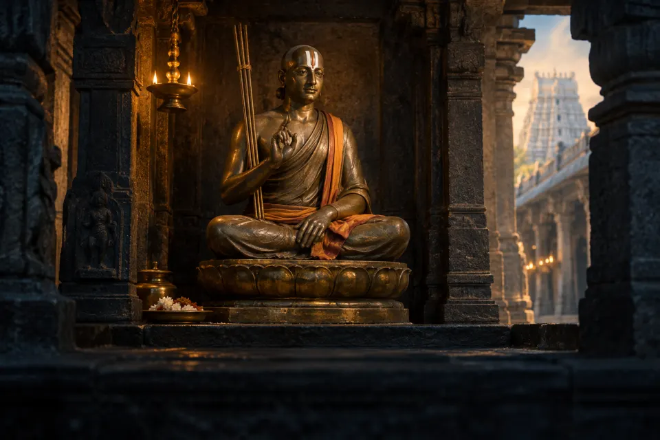 Illustration · AI-generated Rāmānuja, a saffron-robed teacher with a triple staff and tilaka, hands in teaching gesture, as a Vijayanagara-period bronze in a Srirangam temple, lamp glow