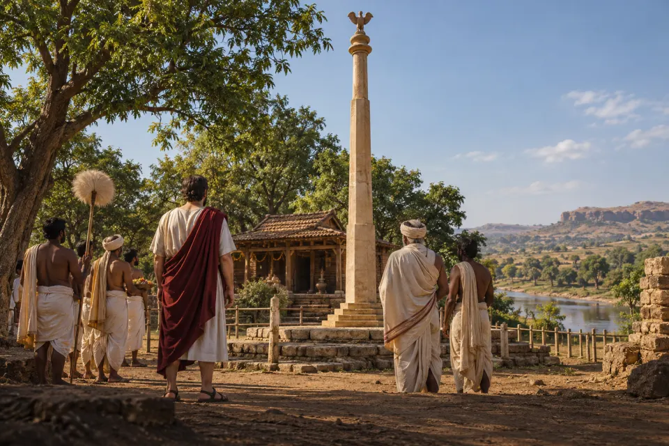 A Greek envoy in chiton and cloak with Indian attendants before a freshly raised stone column topped by Garuda at Besnagar, c. 115 BCE, hard noon sun