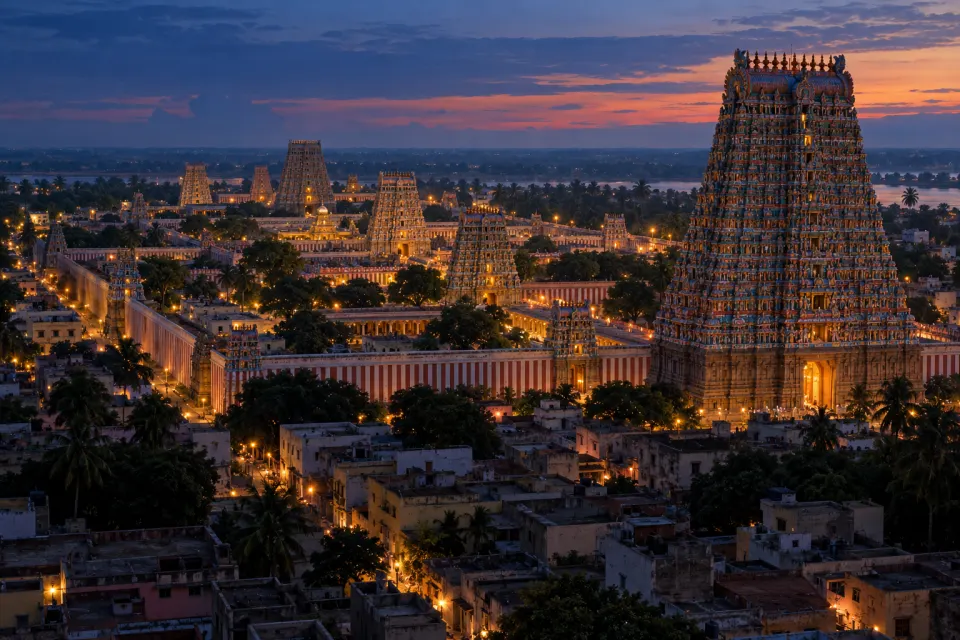 The layered painted gopurams and concentric walls of Ranganathaswamy Temple rising over Srirangam's streets, blue dusk with lamps lit along the walls