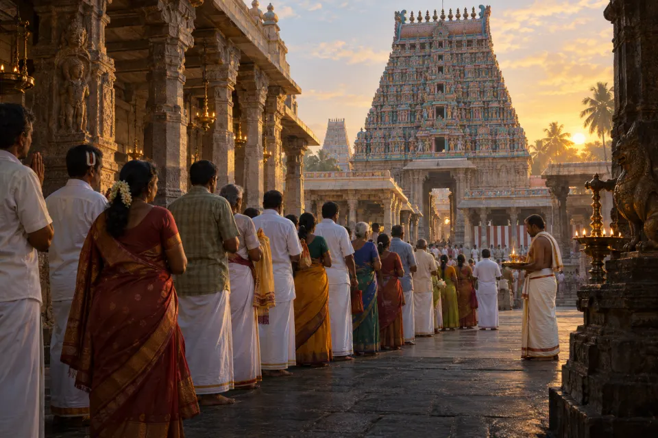 Devotees with U-shaped tilaka marks queuing for darśan in a gopuram courtyard of Ranganathaswamy Temple, Srirangam, priests carrying lamps, early morning, present day