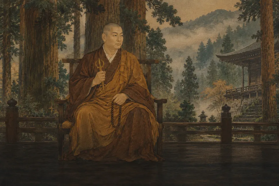 Kūkai (Kōbō Daishi) seated holding a five-pronged vajra and rosary among Mount Kōya cedars, as a Japanese Shingon hanging scroll in ink and mineral colour