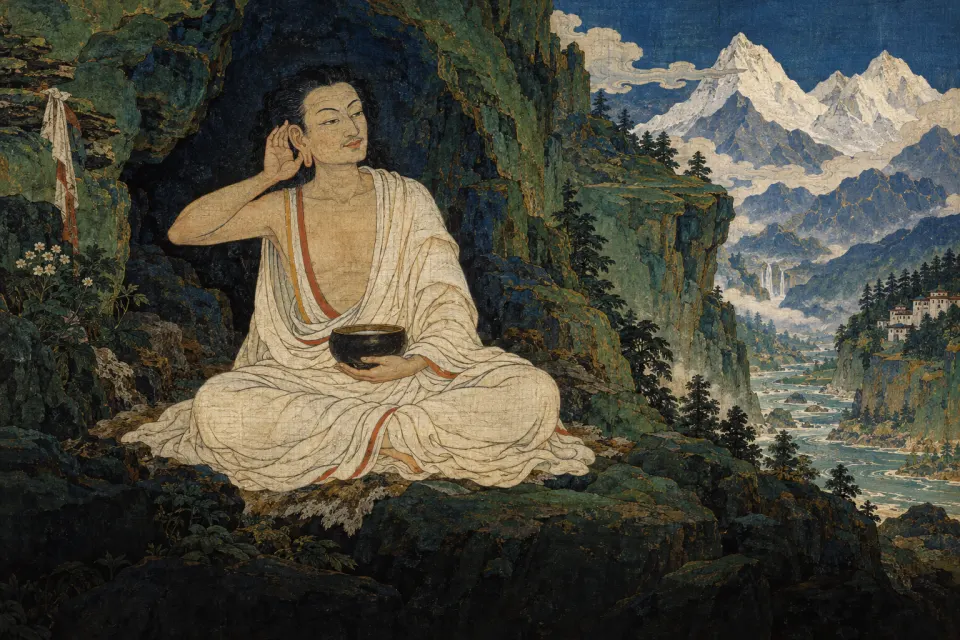 Milarepa, a white-robed cotton-clad yogi in a mountain cave with a hand raised to his ear in song, as a Tibetan thangka in green and white