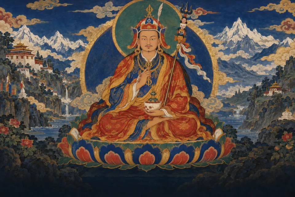 Padmasambhava as Guru Rinpoche, in a lotus hat on a lotus throne, holding a vajra and skull-cup, as a Tibetan Nyingma thangka in mineral blue and gold