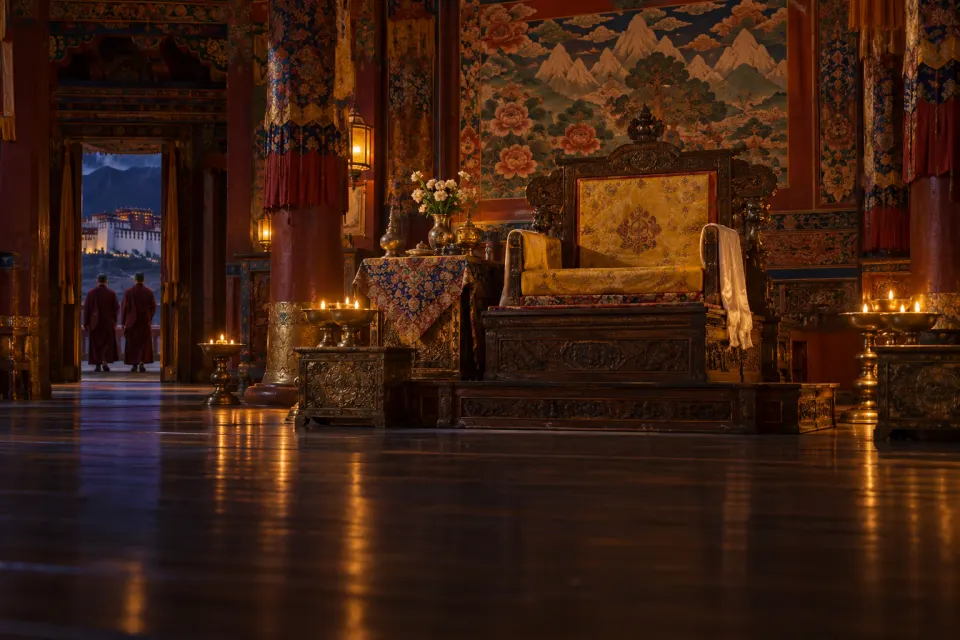 Illustration · AI-generated An empty carved throne with yellow silk cushions beneath painted murals in a hall of the Potala Palace, butter lamps, monks small and seen from behind; no likeness
