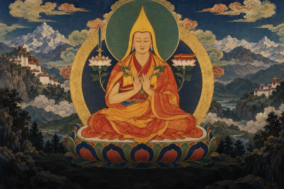 Illustration · AI-generated Tsongkhapa, a scholar-monk in a pointed yellow hat, with books on lotus flowers at either shoulder, as a Tibetan Geluk thangka in red and gold