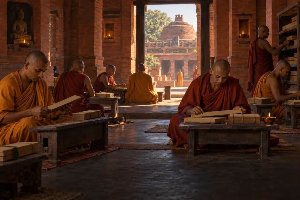 Monks studying palm-leaf tantra manuscripts in the brick halls of Vikramaśīla monastery, Bihar, c. 800, oil lamps in wall niches, jewel-toned night