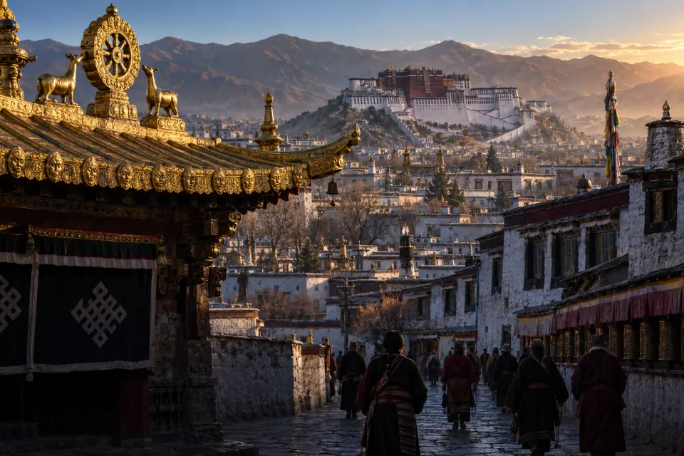 The Potala Palace's white and red walls above Lhasa, pilgrims walking the circuit, the gilded roofs of the Jokhang in the foreground, clear cold dawn
