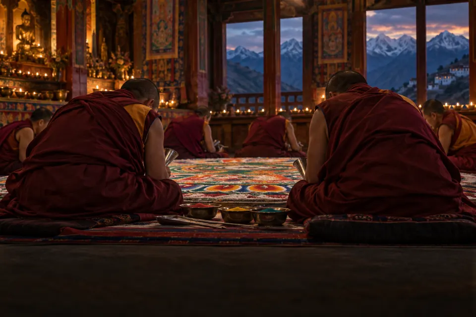 Maroon-robed monks seen from behind seated around a coloured-sand deity maṇḍala in a butter-lamp-lit hall of Ganden Monastery, Tibet, present day