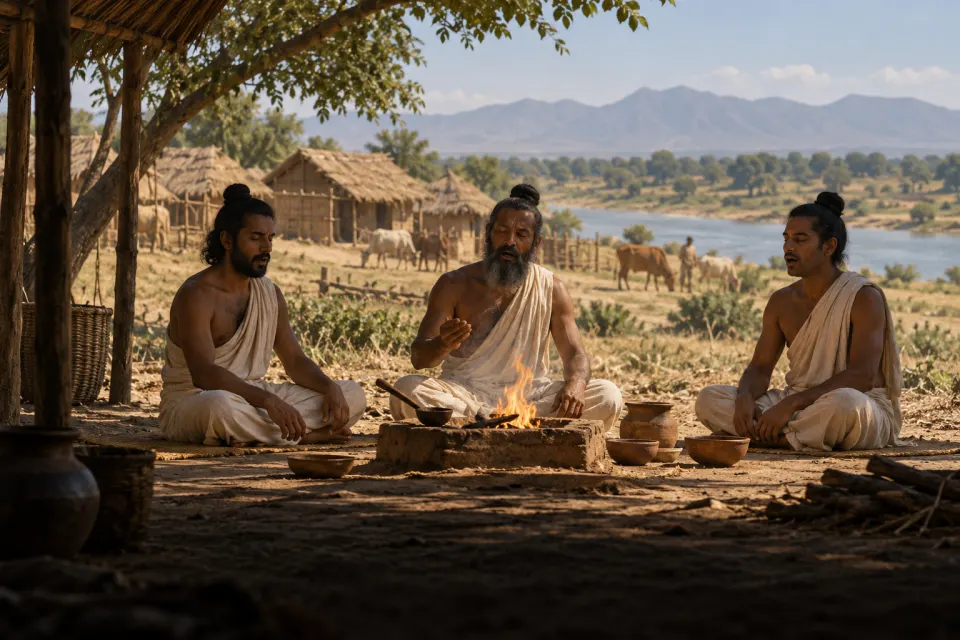 Vedic priests chanting hymns to Agni and Indra beside a flame at an open clay fire altar, thatched huts of a Punjab settlement behind, c. 1400 BCE, hard noon sun