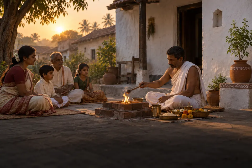 A priest in a white dhoti tending a small domestic hearth fire in a village courtyard in India, ladle and offerings by the flame, family seated nearby, present day, dawn