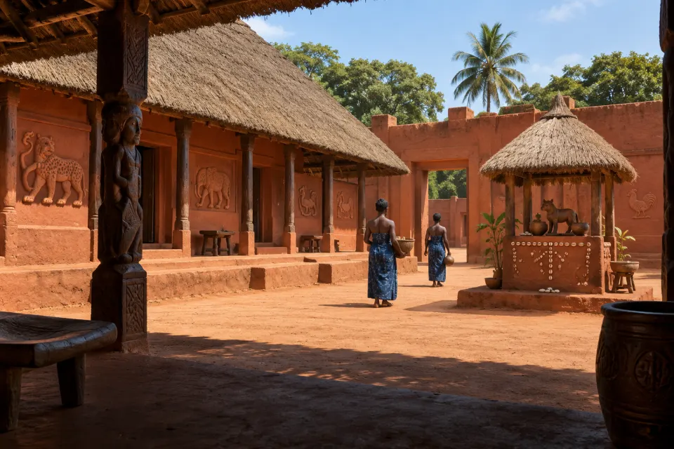 The walled palace of Abomey, kingdom of Dahomey, 19th century: red-earth royal halls with bas-relief panels, a court shrine of clay and cowries under thatch, attendants seen small from behind, hard noon sun