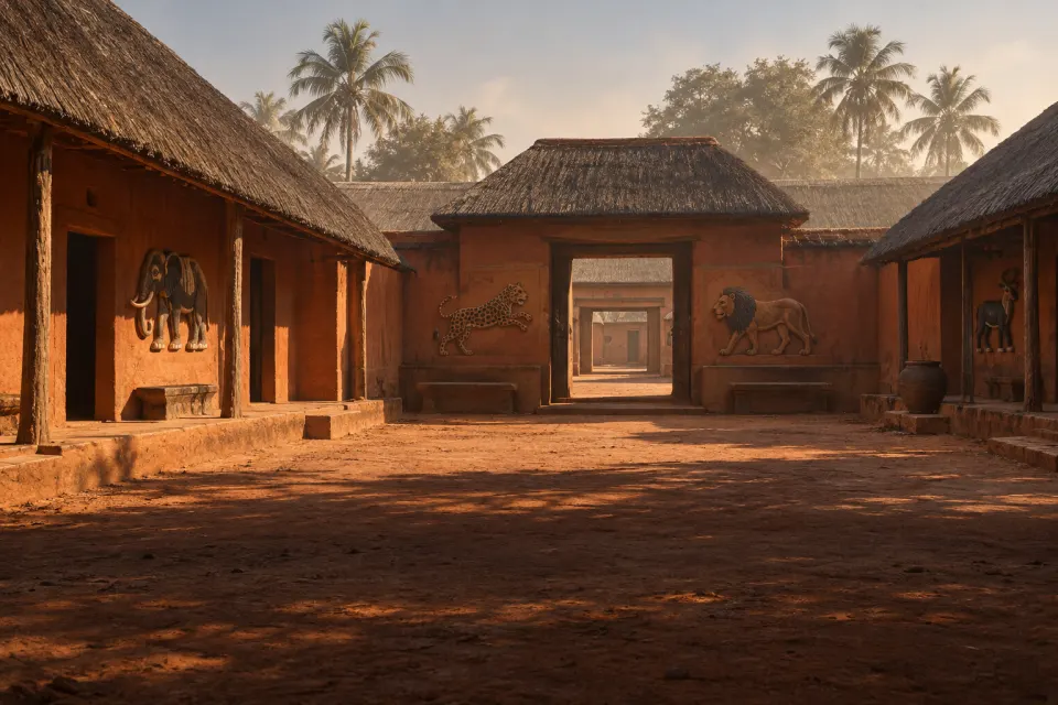 The Royal Palaces of Abomey, Benin: ochre earthen walls with painted bas-relief panels, thatched roofs over the palaces of Ghézo and Glélé, empty courtyard, harmattan morning haze