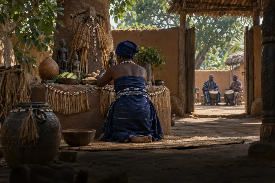 A vodun shrine in southern Benin: a priestess in cloth seen from behind tending a clay altar hung with raffia and cowries, offerings of food and drink, drummers beyond, humid afternoon light