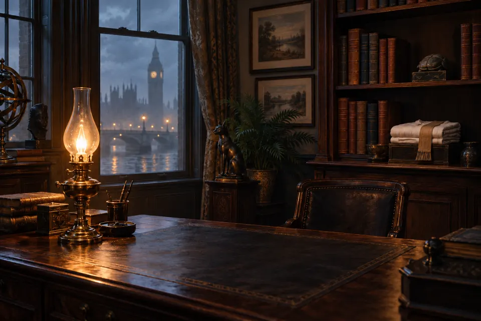 An Edwardian London study, Golden Dawn-era ritual regalia on a shelf beside Egyptological artefacts and books on witch trials, gaslight and fog at the window, 1890s