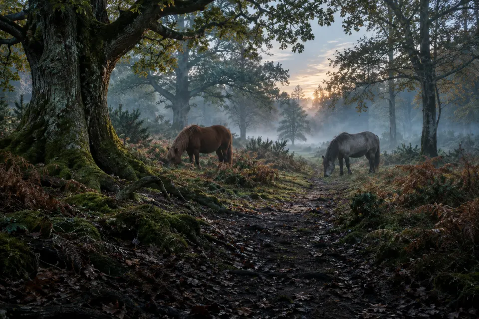 Ancient oaks and beeches in the New Forest, Hampshire, ground mist and bracken, a forest path with ponies, cold blue dawn