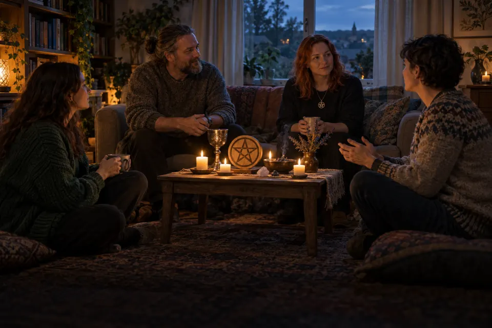 A small group of present-day Wiccans in ordinary clothes seated around a candlelit altar with chalice, pentacle and incense in a living room, the circle laid out, blue dusk at the window