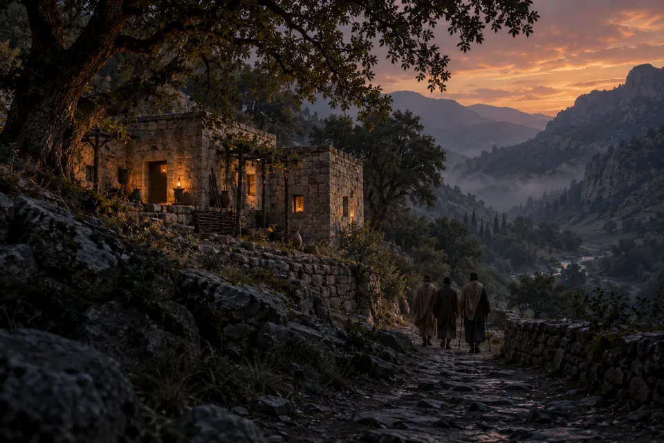 A rough stone Sufi lodge under oaks in the Lalish valley, early 12th century, lamps lit in the windows, a few hooded men in wool cloaks small by the path, misty mountain dusk