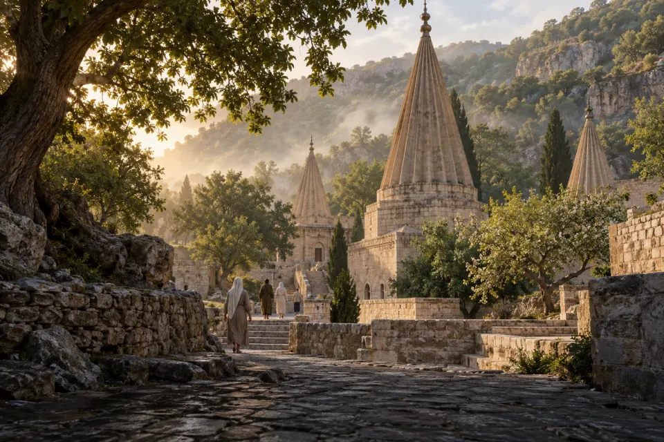 Lalish: white fluted conical spires and stone courtyards among oaks and mulberries in a green mountain valley in northern Iraq, barefoot pilgrims small on the steps, soft spring morning mist